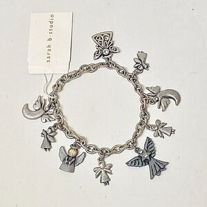 Sarah B Studio Guardian Angel Charm Bracelet Gunmetal Rhinestone 7.25”